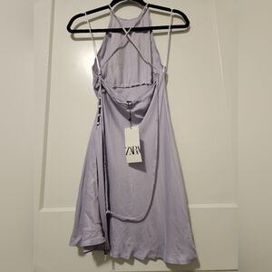 New Zara pastel lilac satin effect mini slip dress with a cross-back design